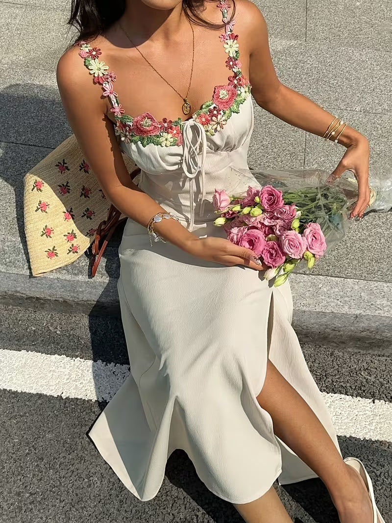 Women's Floral Appliqué Spaghetti Strap Maxi Dress with French Neckline, Tie-Up Waist, Side Slit, Slim Fit Summer Dress