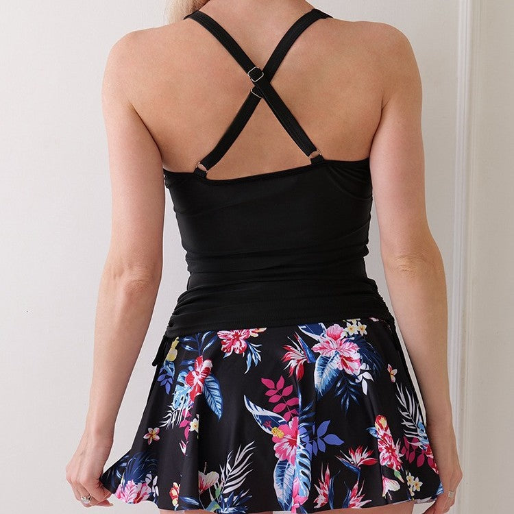 Women's Printed Color Block Tankini Split Swimsuit