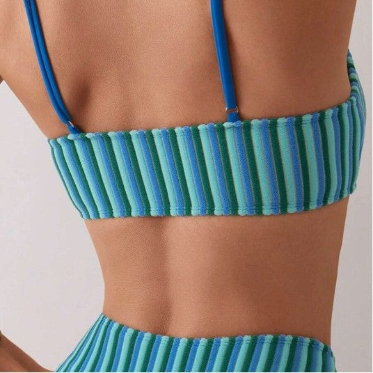 Double Shoulder Strap Striped High-Waist Backless Split Bikini for Women