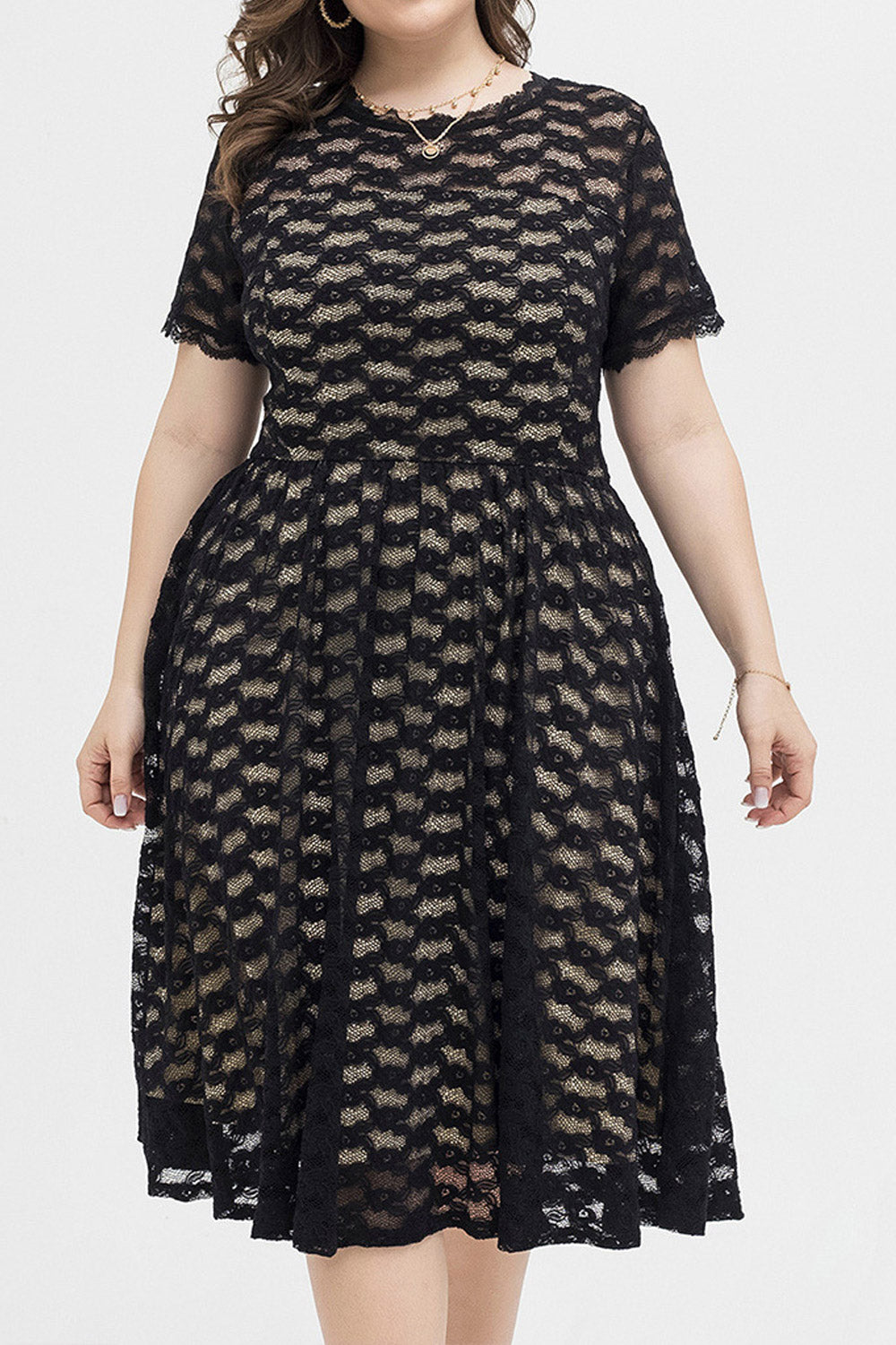 Women Plus Elegant Sexy Slim Round Neck Short Sleeve Lace Dres