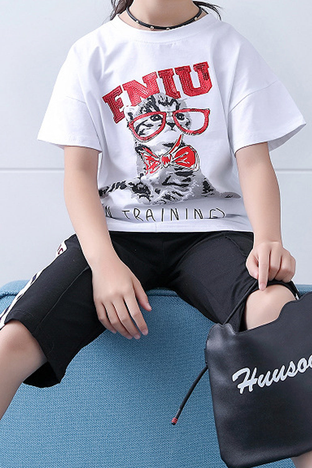 Kids Girls Easy Short Sleeve Printed Pattern Two Piece Soft Outfit Set