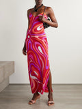 Women’s Fashion Printed Slit Suspender Dress with Adjustable Straps
