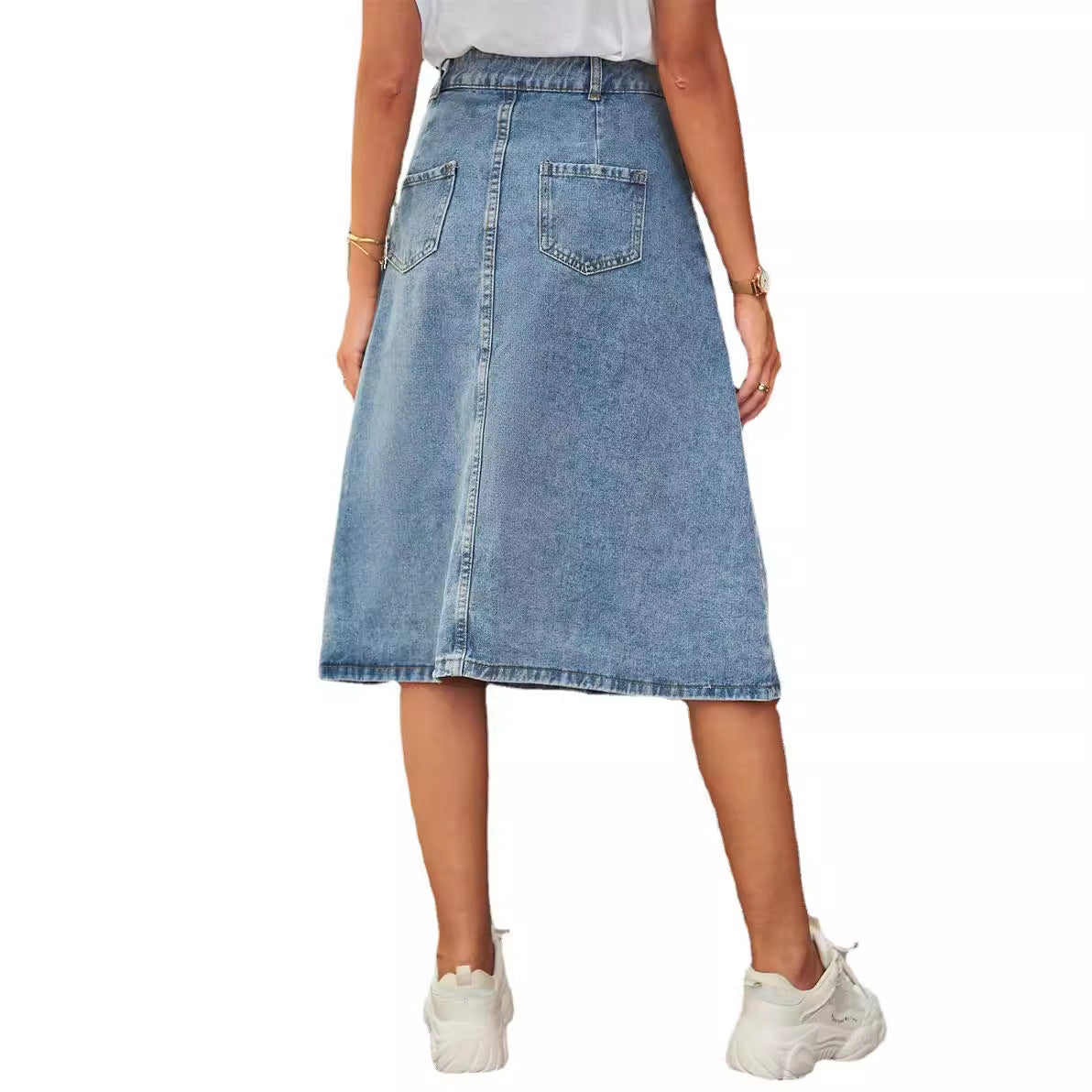 Slimming Washed Denim One-Button Midi Skirt for Women