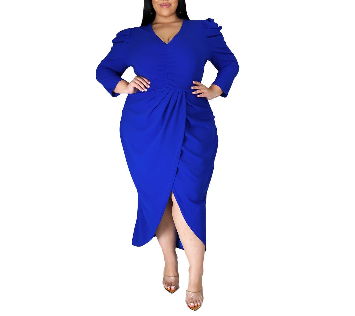 Plus Size V-Neck Solid Color Long Sleeve Dress for Women – Irregular Hem with Slit, Elegant Casual Fit