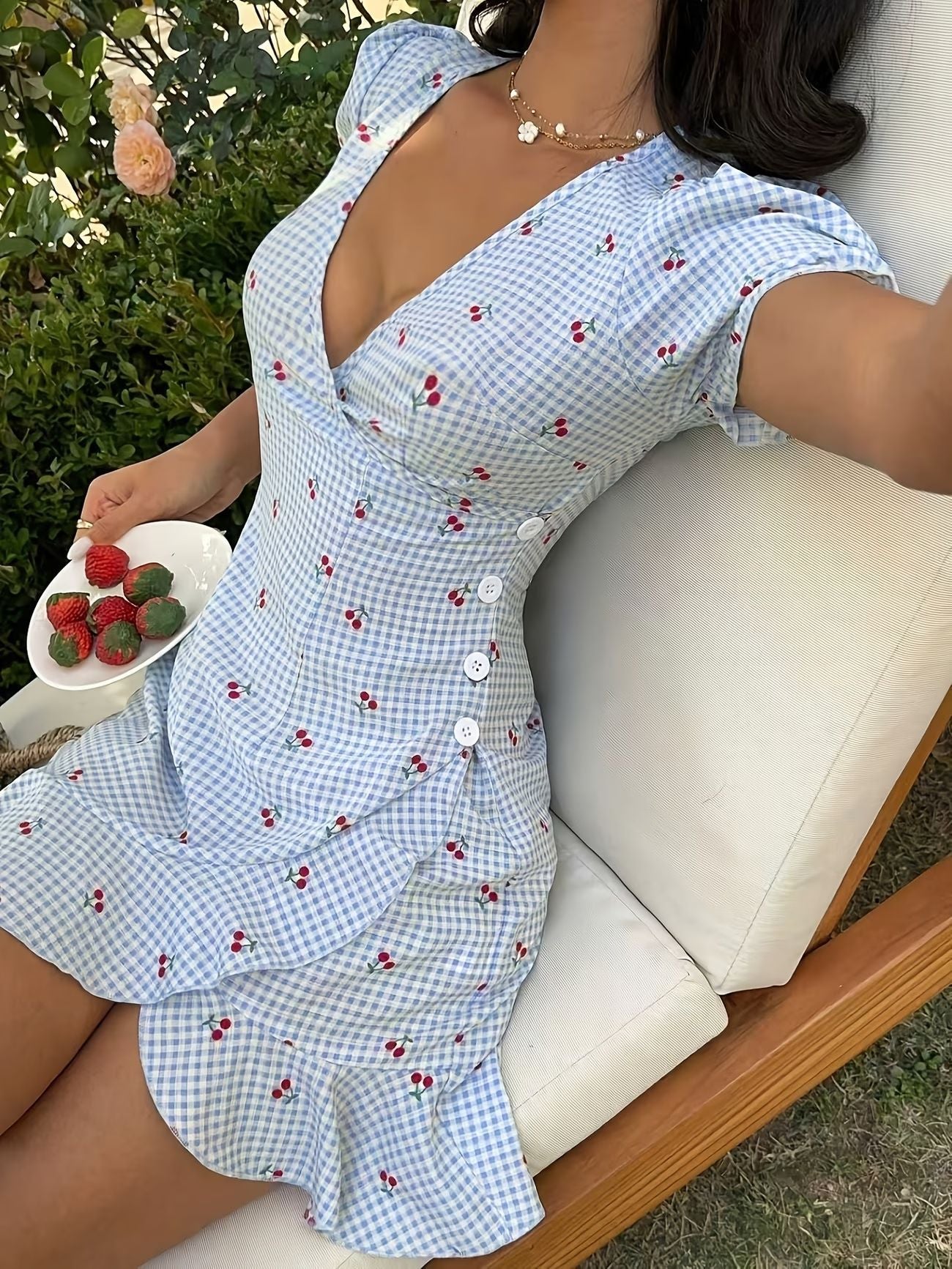 Women's Summer Plaid V-Neck Ruffled Hem Button Accent Waist-Cinching Short Dress