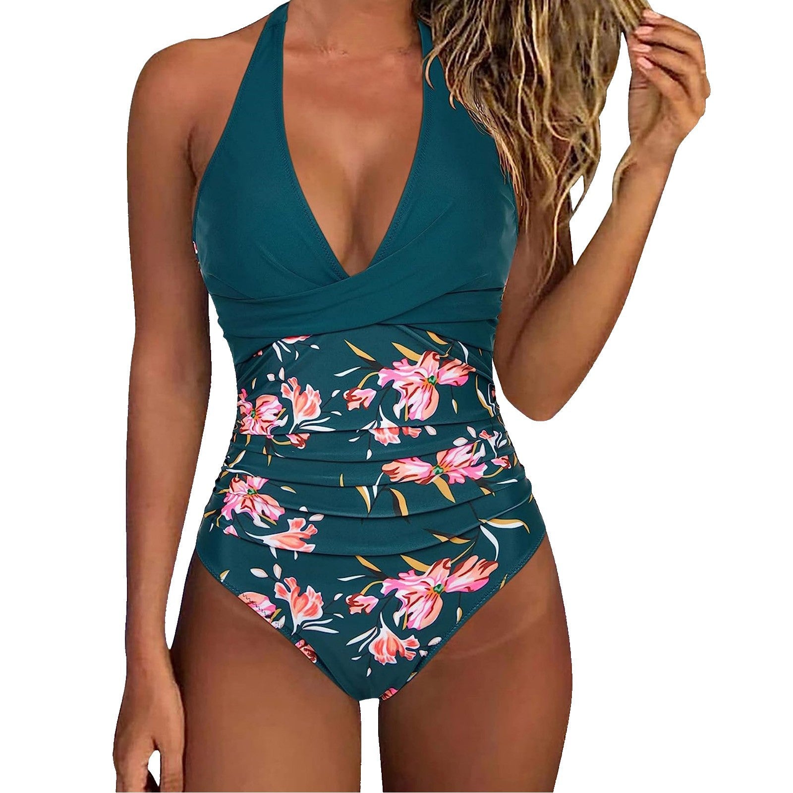 New Digital Print Halter Neck Bikini & V-Neck Ruched One-Piece Swimsuit