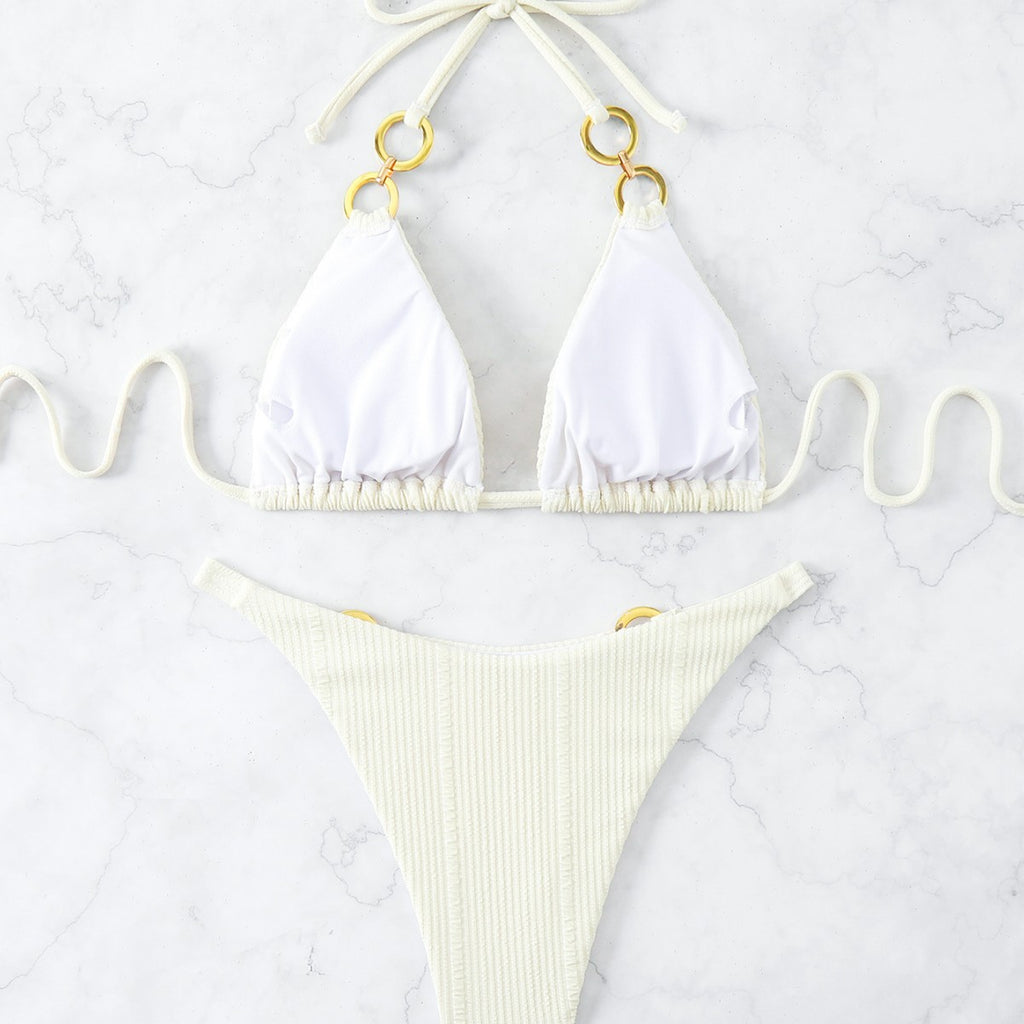 Women's Solid Color Ring Buckle Lace-Up Neck Bikini Two-Piece Swimsuit