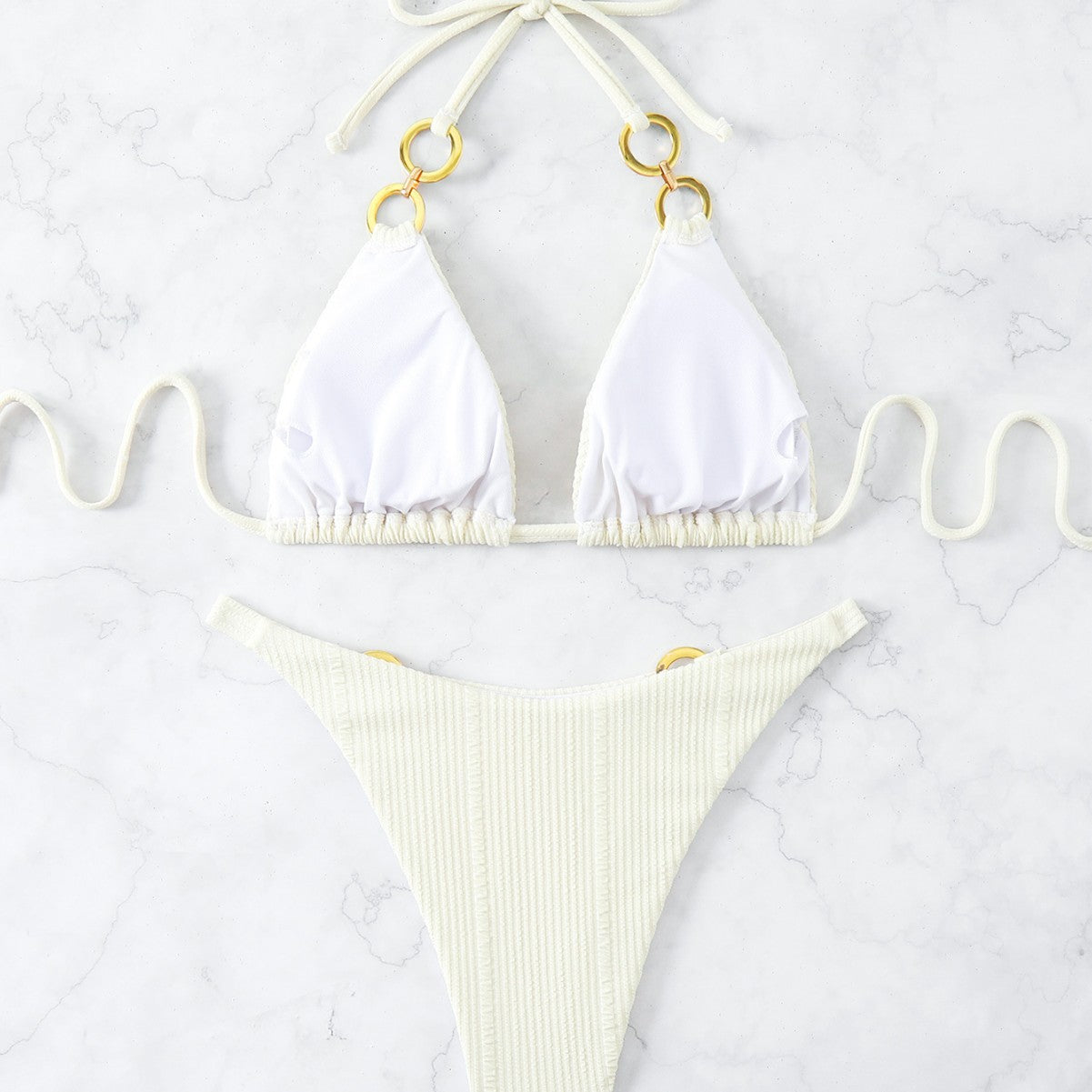 Women's Solid Color Ring Buckle Lace-Up Neck Bikini Two-Piece Swimsuit