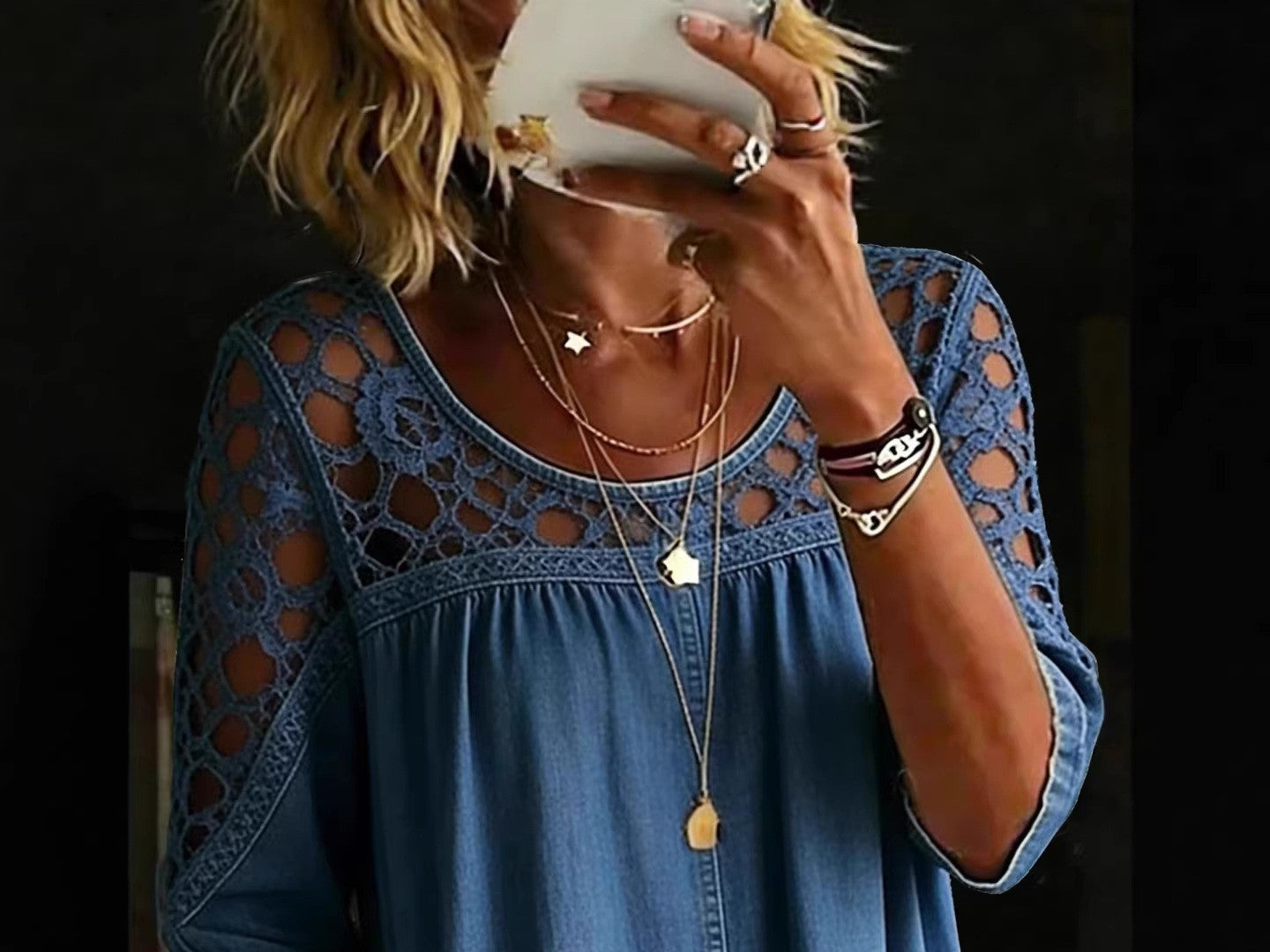 New Style Hollow-Out Faux Denim Top for Women – Casual Lightweight Breathable Long Sleeve Fashion Shirt