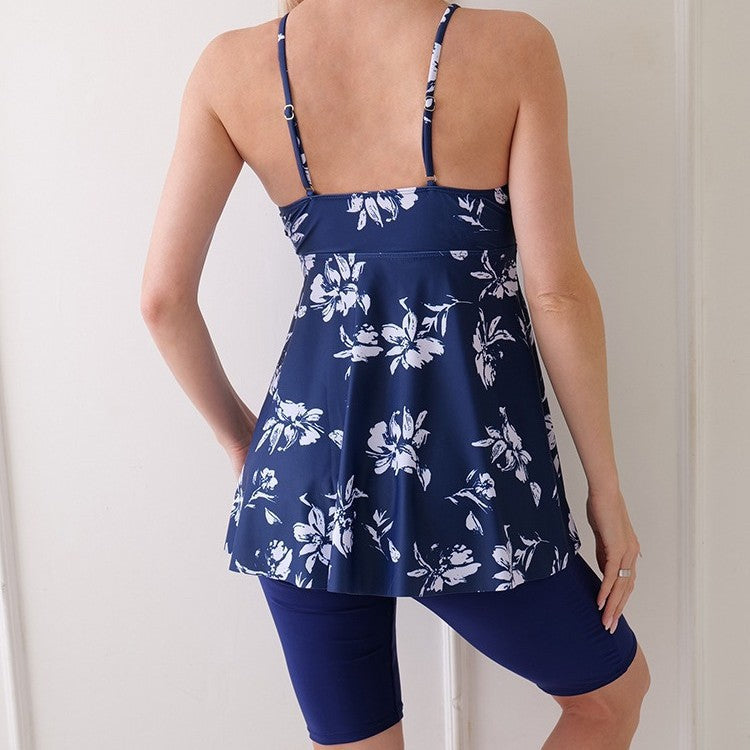 New Digital Print Tankini Slim Strap Skirt Split Swimsuit Set