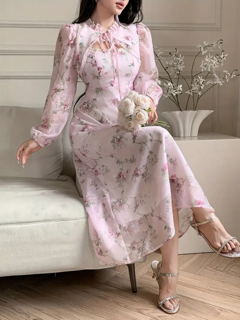 Women's Floral Pink Long Sleeve Waist-Defined Maxi Dress with Elegant Printed Design