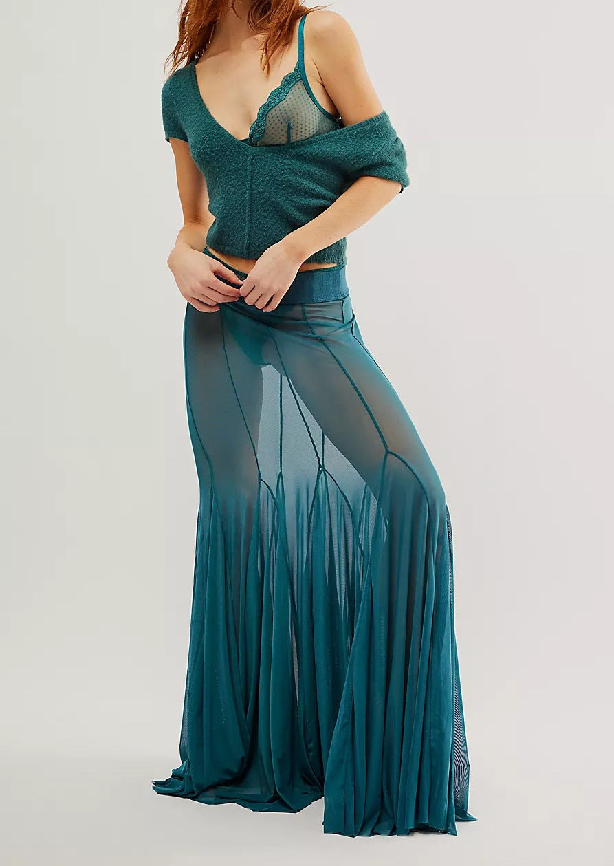 Women's Mesh High-Waisted Long Skirt - Elegant Sheer Layered Maxi