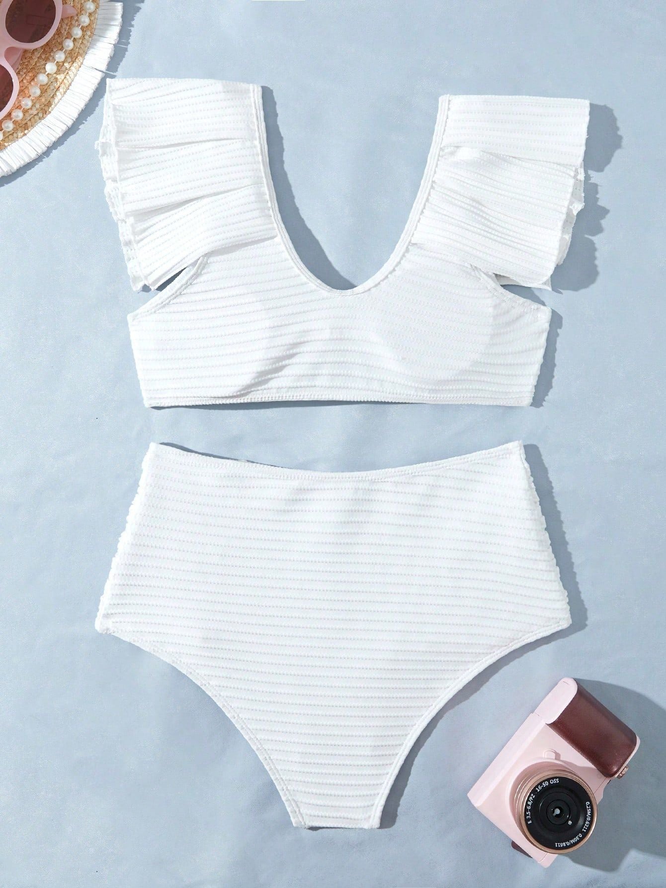 New Solid Color Bow Flying Edge Pleated High-Waist Split Bikini Swimsuit