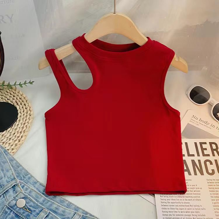 Baby Summer Vest Sling Top – Stylish One-Shoulder Solid Color Irregular Short Top - RAC26JP5499BATT