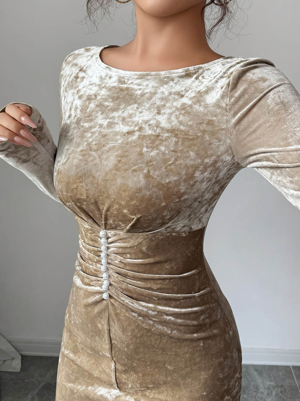 Women's Slim Fit Pleated Velvet Long Sleeve Evening Maxi Dress