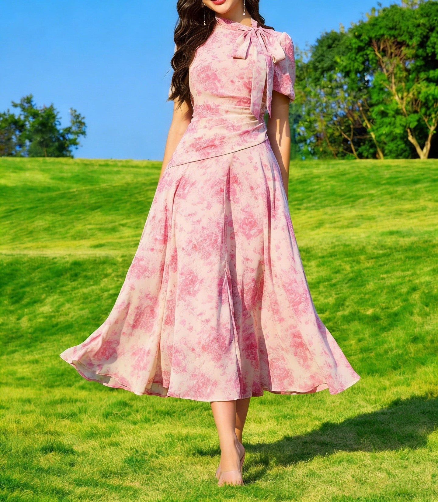 Women's Summer Vacation Long Chiffon Dress with Defined Waist, French Inspired Flowing Maxi Skirt