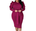 Women's Plus Size Long Sleeve Belted Slim Fit Midi Dress – Elegant & Flattering Curve-Hugging Style