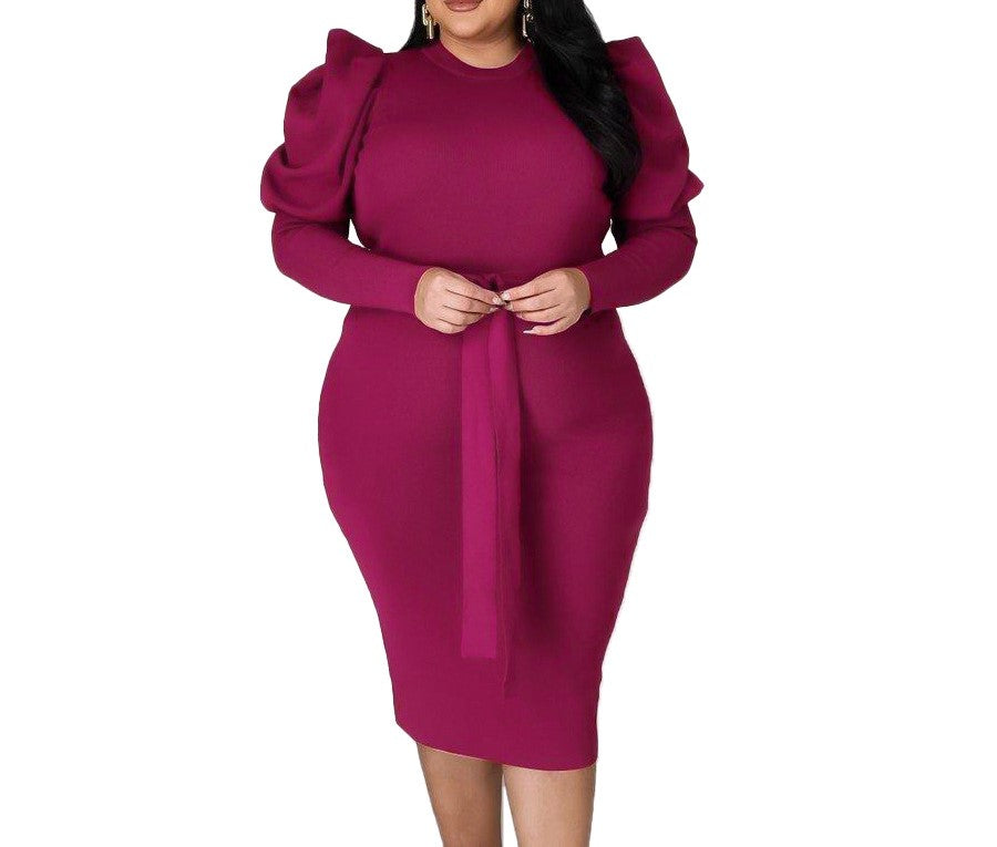 Women's Plus Size Long Sleeve Belted Slim Fit Midi Dress – Elegant & Flattering Curve-Hugging Style