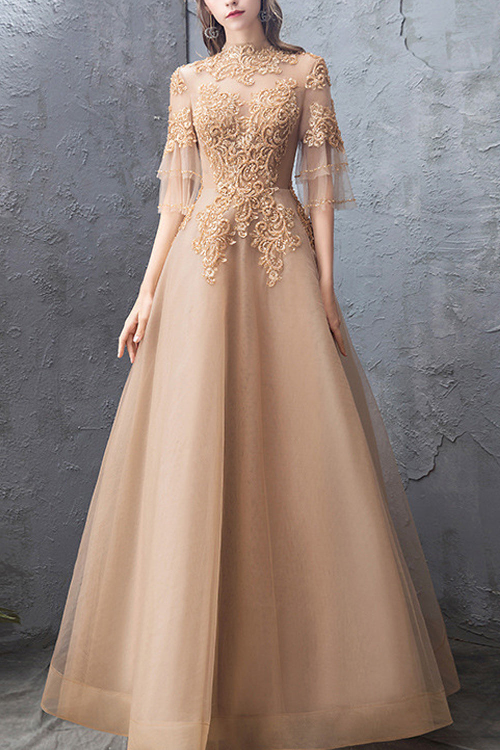 Women Half Sleeve Lace Decorated Long Breathable Skirt Wedding Party Dress