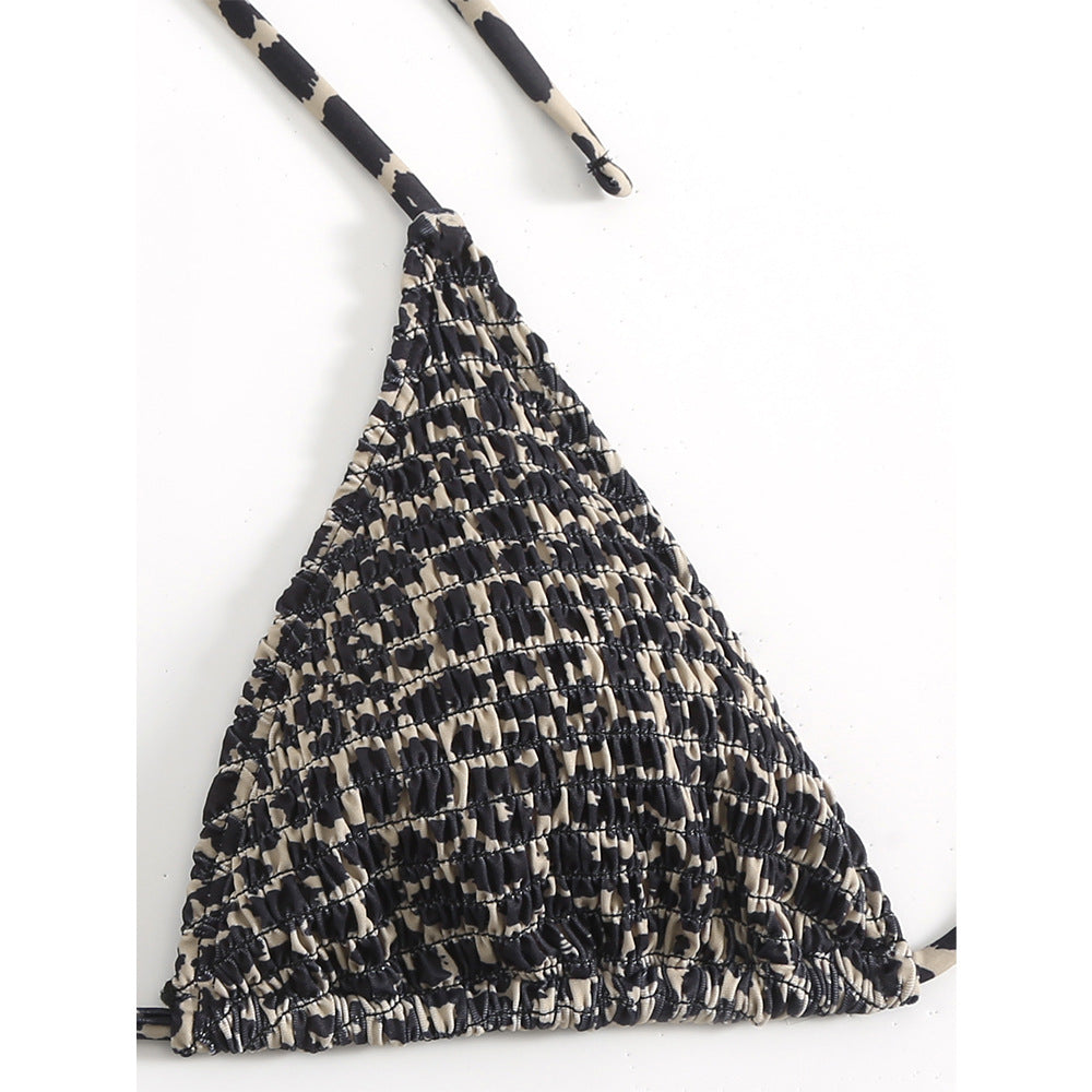 Leopard Print Lace-Up Neck Backless Three-Piece Split Swimsuit for Women