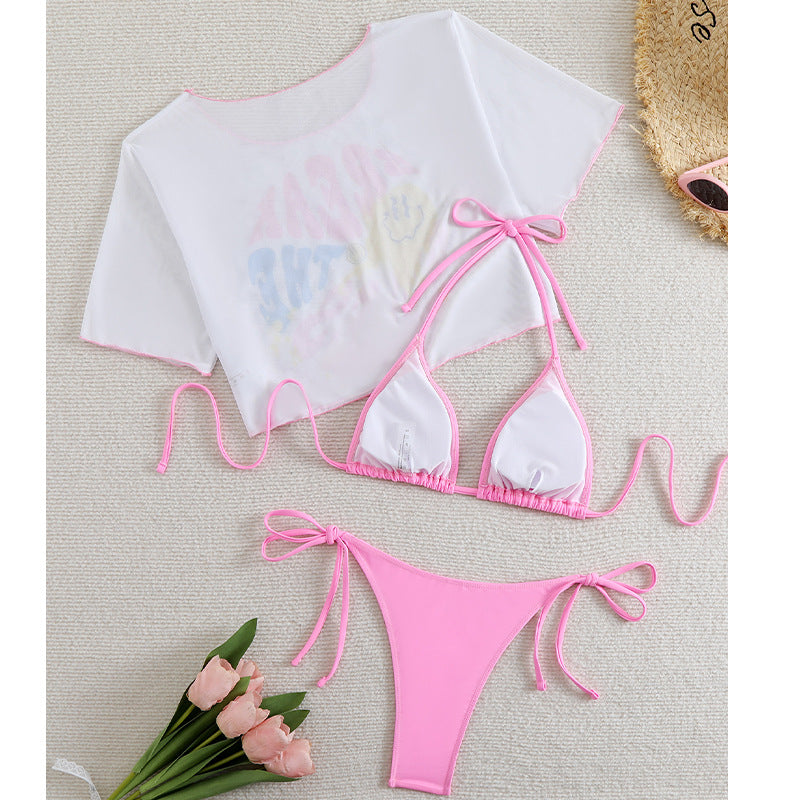 New Three-Piece Bikini Set - Printed Short-Sleeve Mesh Swimsuit for Women
