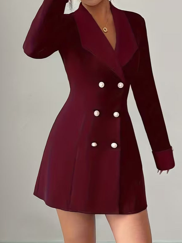 Women's French-Inspired Elegant Double-Breasted Front-Button Short Dress with Long Sleeves