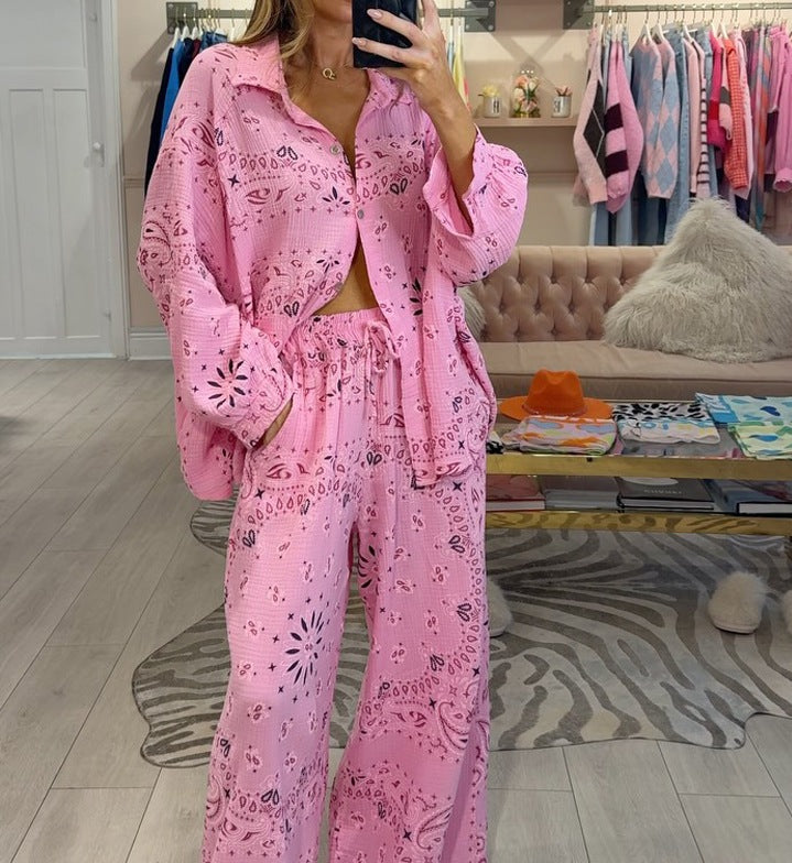 Printed Hollow-Out Comfortable Loose Button-Up Shirt and Pants Set for Women
