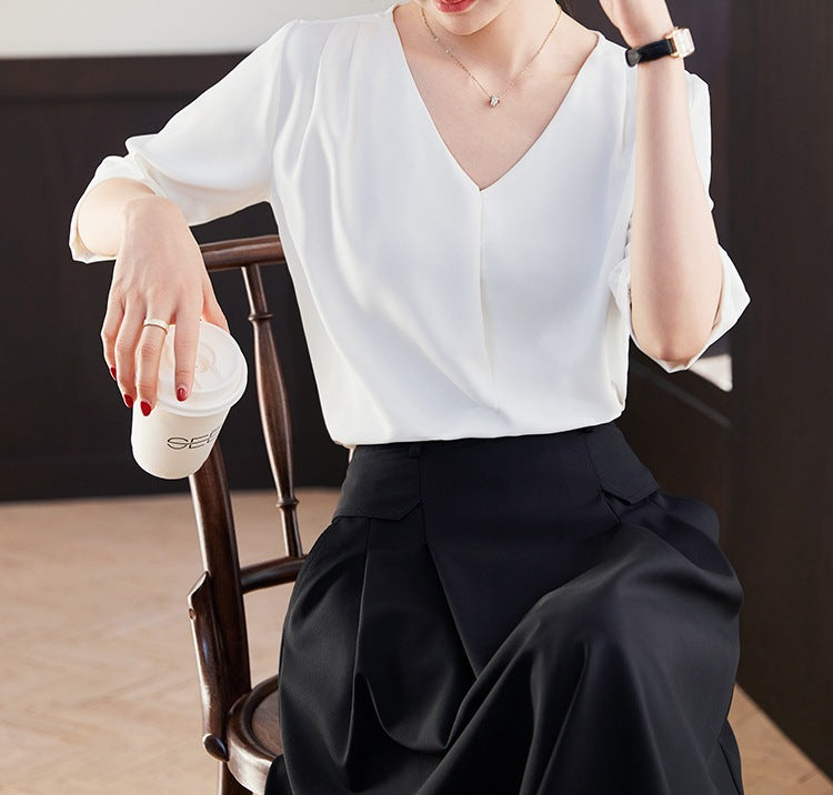 Women's V-Neck Half Sleeve Shirt - Summer Lightweight Loose Fit Casual Elegant Top