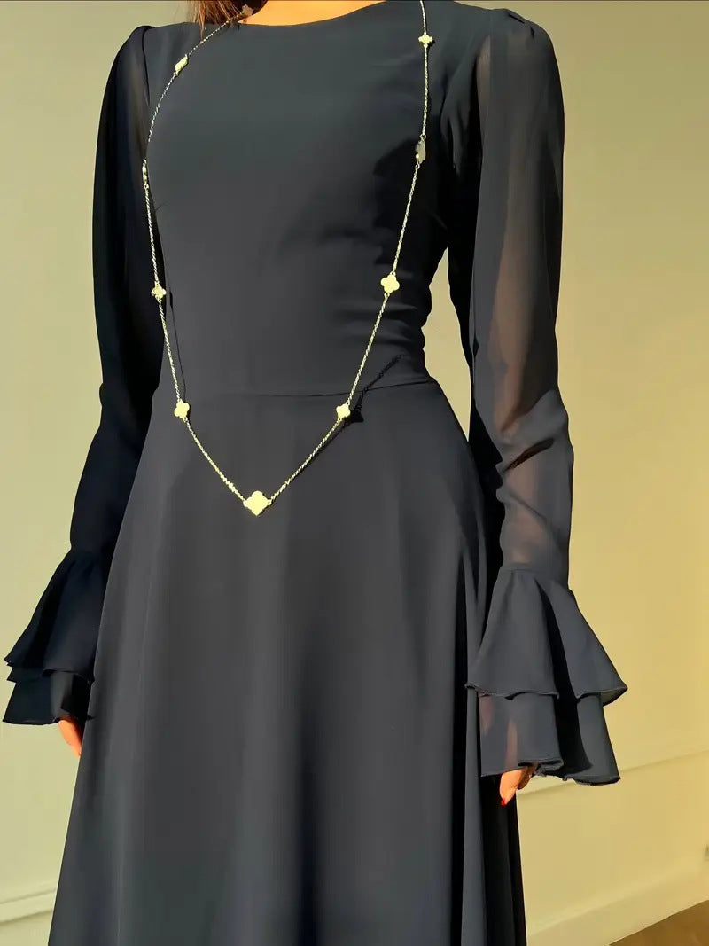 Women's Solid Color Round Neck Waist-Cinching Flared Sleeve Midi Dress for Autumn