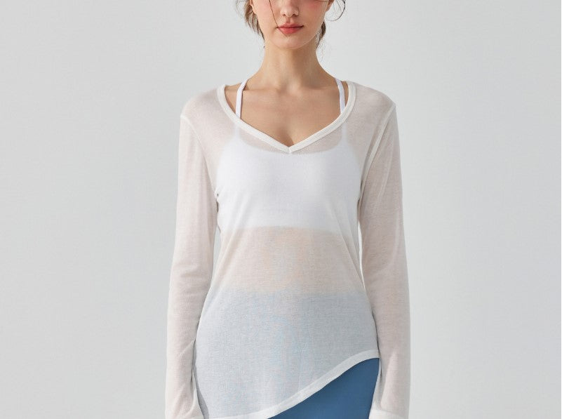 Women's Long Sleeve Yoga Blouse Hip-Covering Pleated Drawstring Top Loose Casual Autumn Dance Fitness Running Shirt