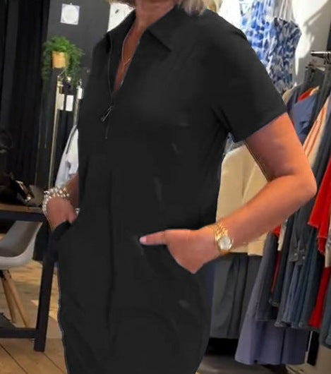 Women's Casual Lapel Short Sleeve Zip-Front Solid Color Dress