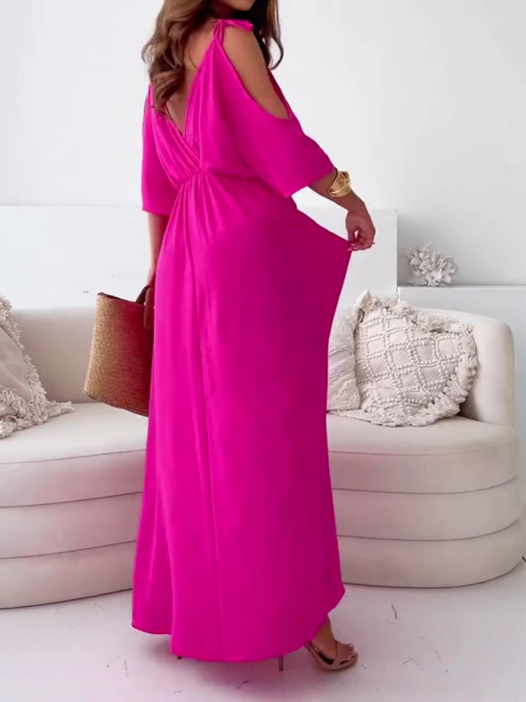Women's Off-Shoulder V-Neck Waist A-Line Hem Dress