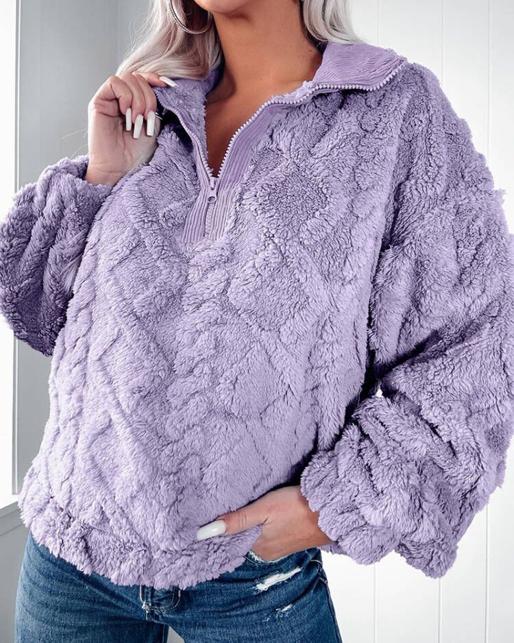 Autumn/Winter Solid Color Half-Zip Stand Collar Plush Pullover Sweatshirt