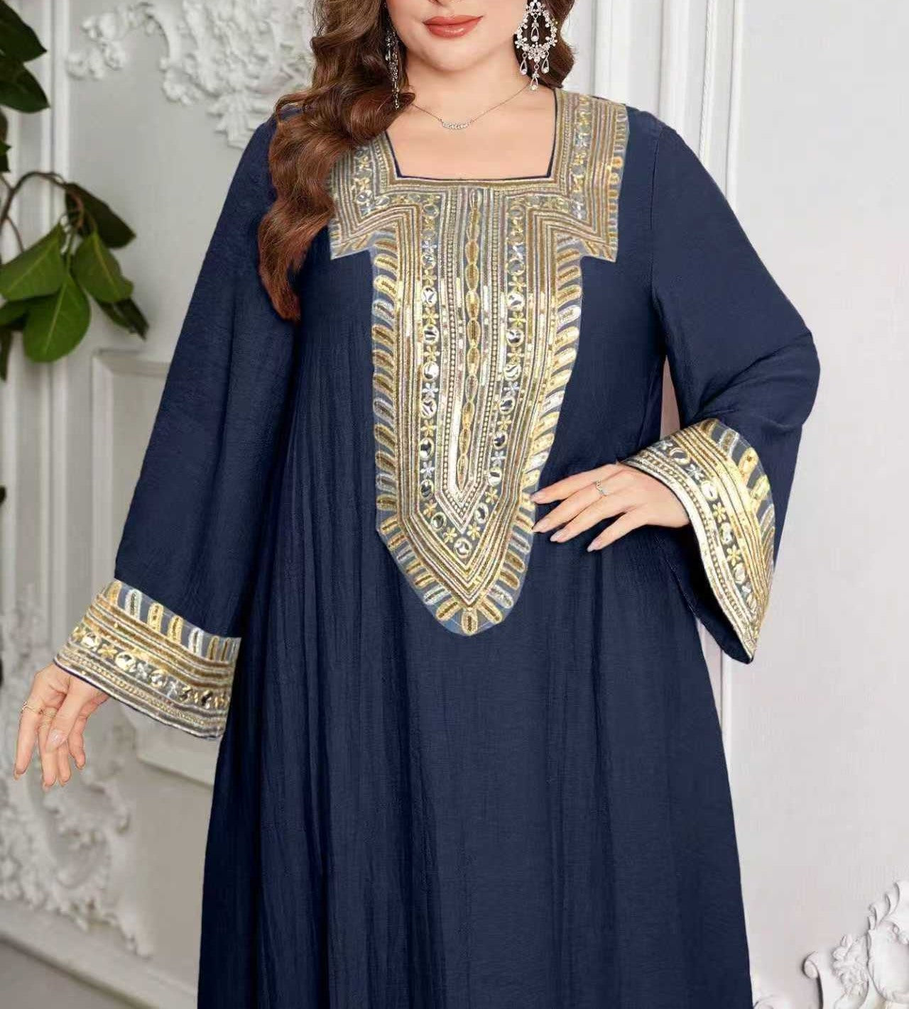 Plus Size Casual Ethnic Style Maxi Dress for Women with Gold Lace Collar, Bell Sleeves, Relaxed Fit, Long Elegant Dress