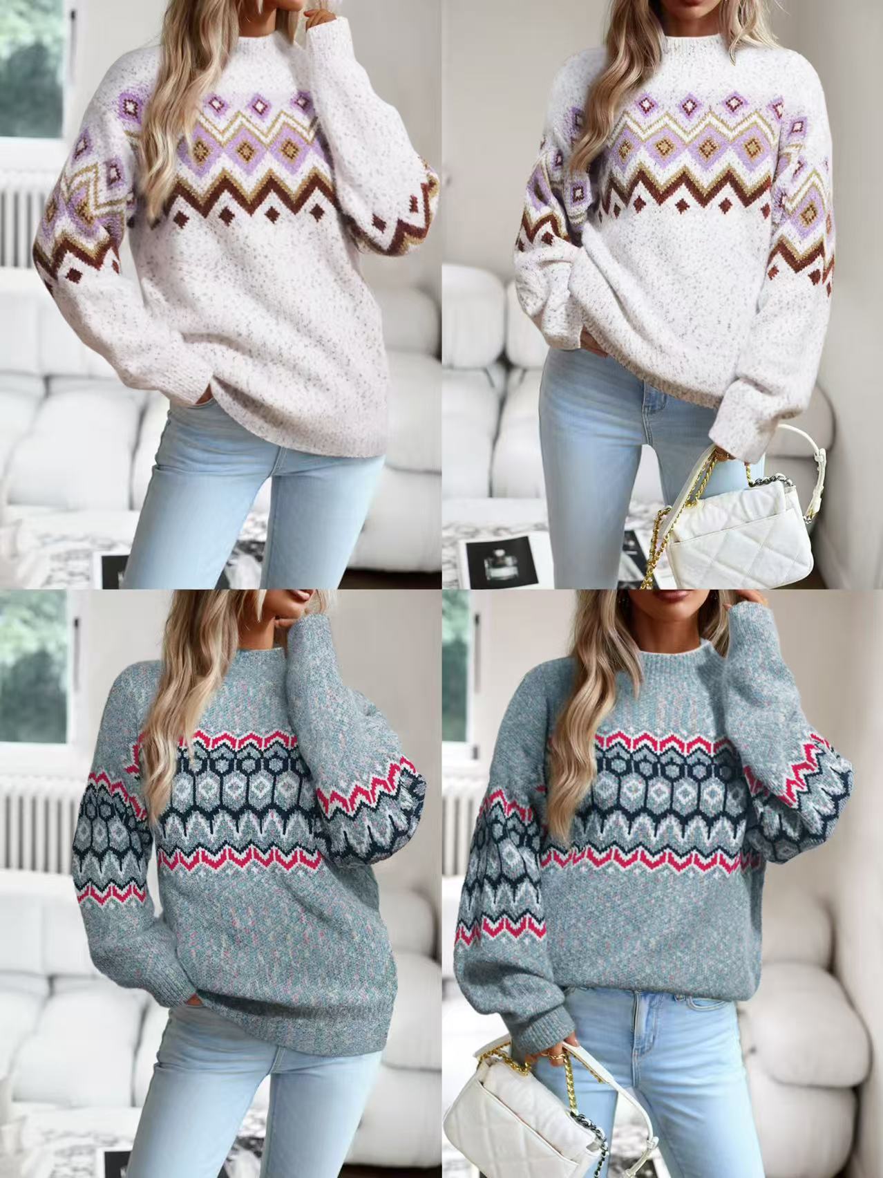 Women's Half Turtleneck Snowflake Pattern Knit Sweater Long Sleeve Colorblock Pullover for Autumn and Winter