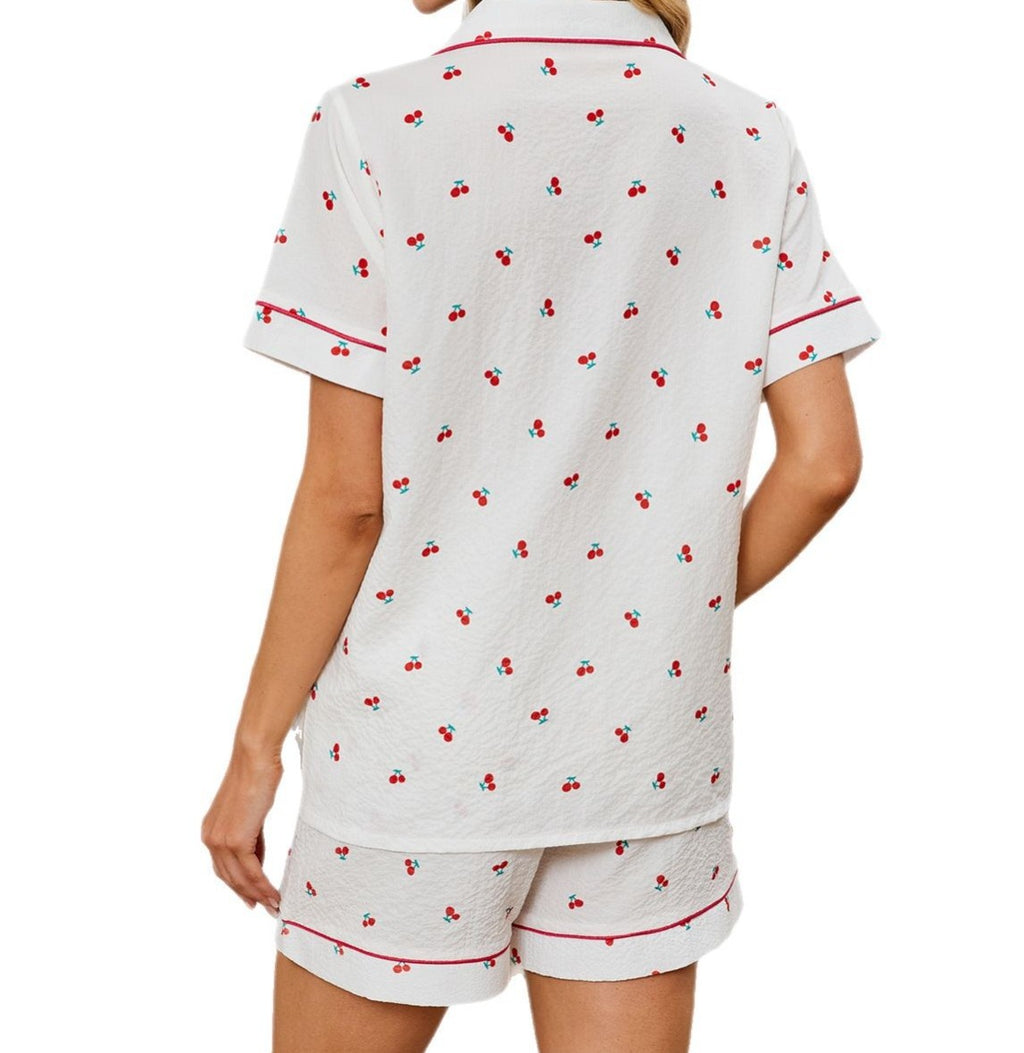New Summer Cherry Print Short-Sleeve Cardigan and Shorts Loungewear Set for Women