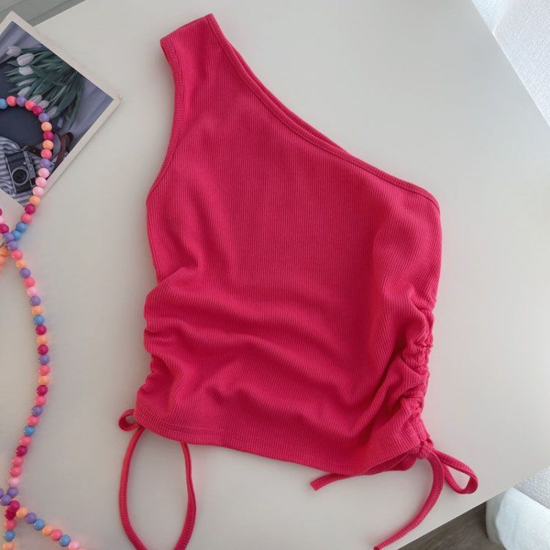 Girls Summer Vest Sling Top – Fashion Drawstring Irregular One-Shoulder Short Top for Kids - RAC26JP5500BATT