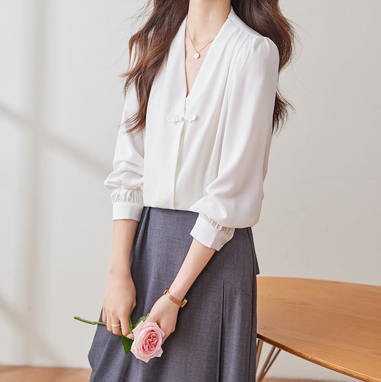 Women's Spring Elegant V-Neck Long Sleeve Blouse - Lightweight Casual Office Shirt