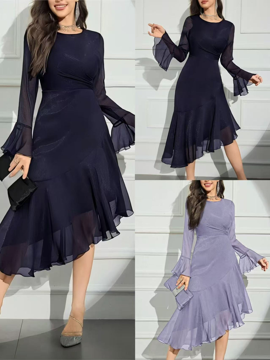 Women's Slim Fit Flared Sleeve Irregular Hem Fishtail Midi Dress