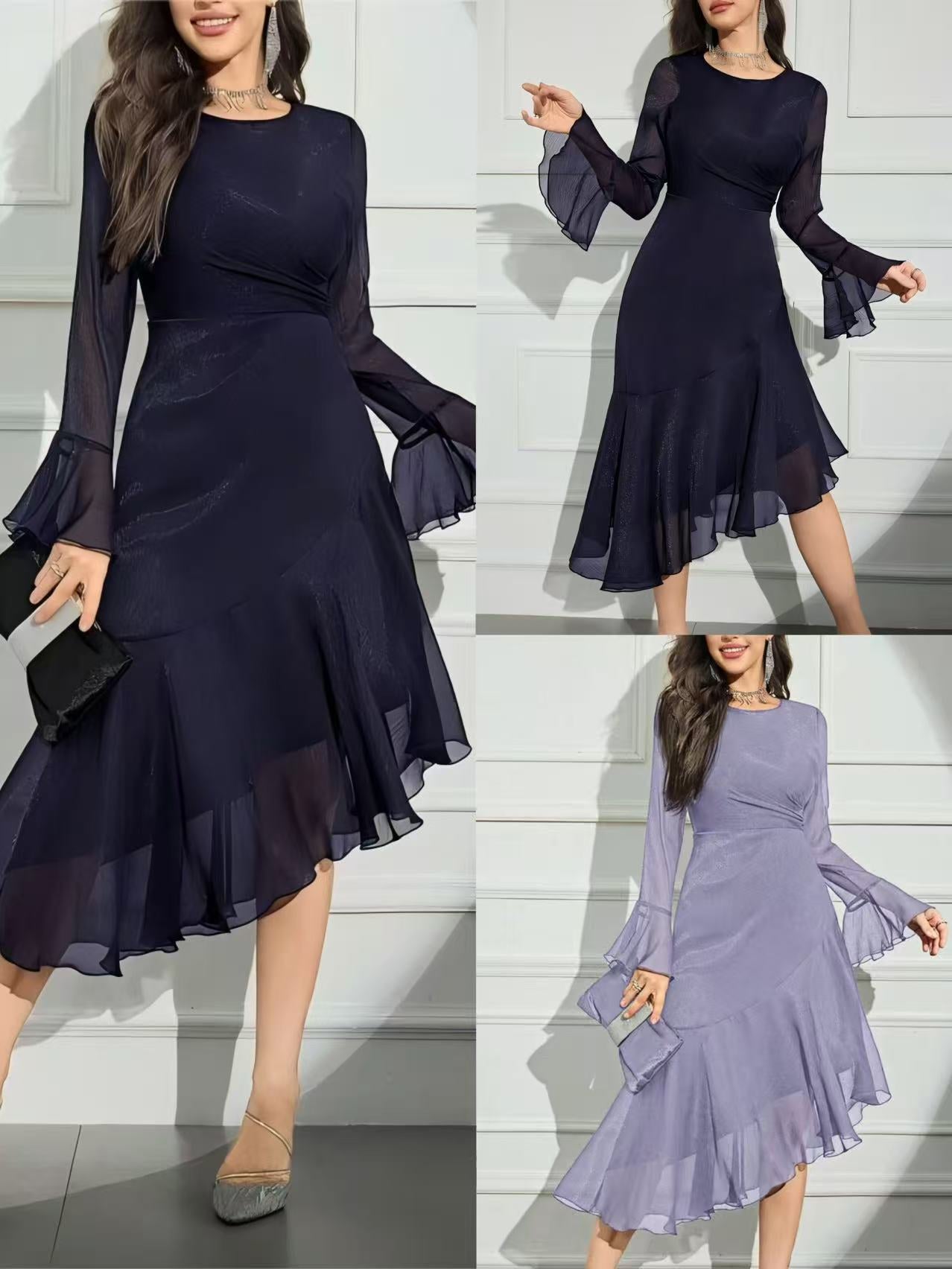 Women's Slim Fit Flared Sleeve Irregular Hem Fishtail Midi Dress