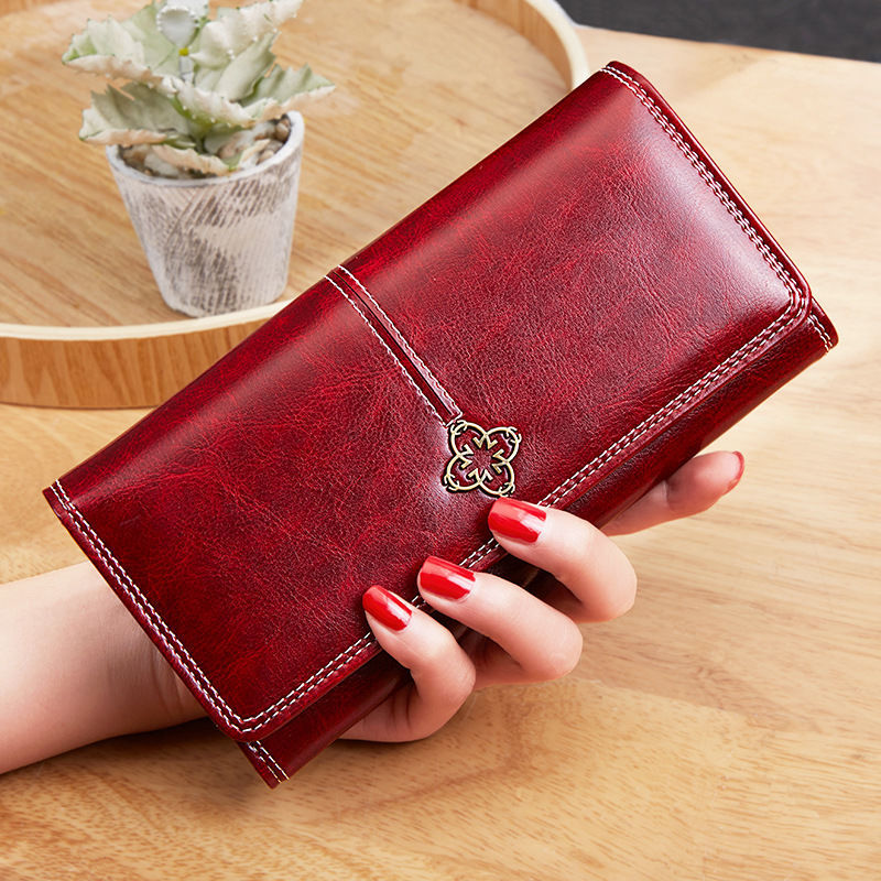 Women’s Long Retro Wax Leather Wallet – Large Capacity Clutch & Mobile Phone Holder – Multi-Card Organizer