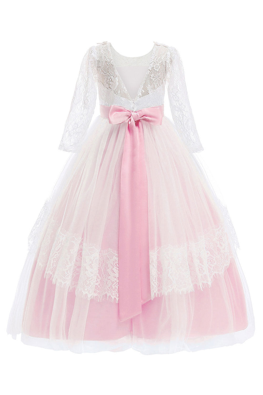 Kids Girls Outstanding Bow Knoted Waist Round Neck Floral Lace Decorated Beautiful Princess Dress