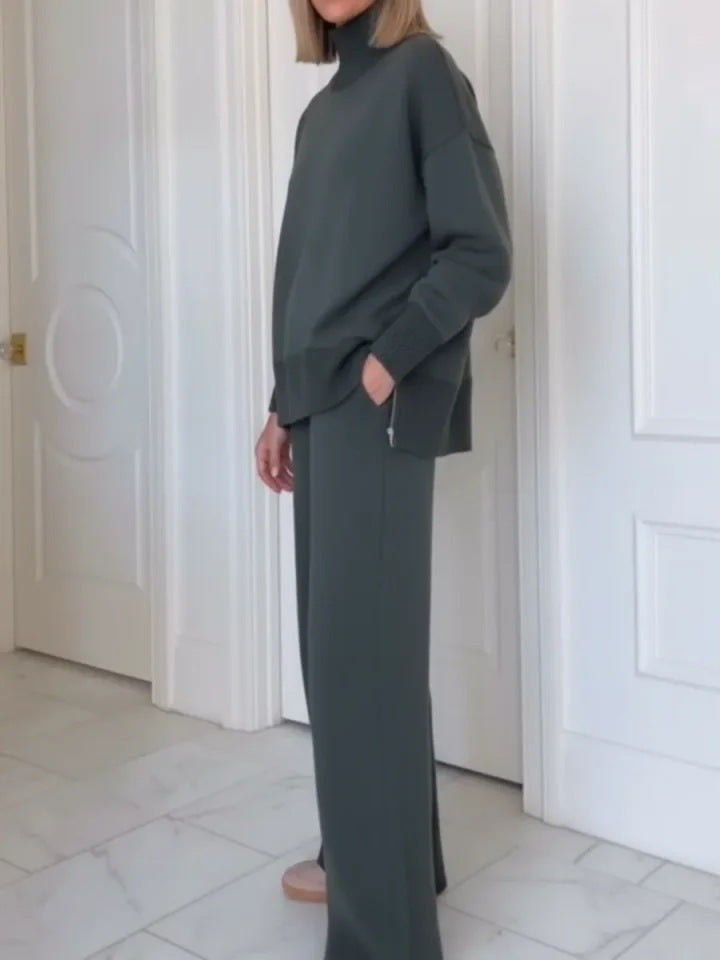 Women's Elegant Casual Workwear 2-Piece Outfit – Long Sleeve Top & Matching Pants Set