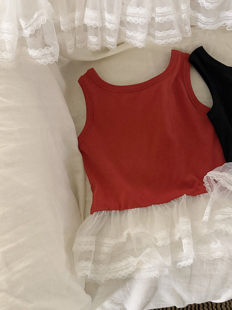 Spring and Autumn Women's Lace Trim Vest Sling Top - RAC26JP5513BATT