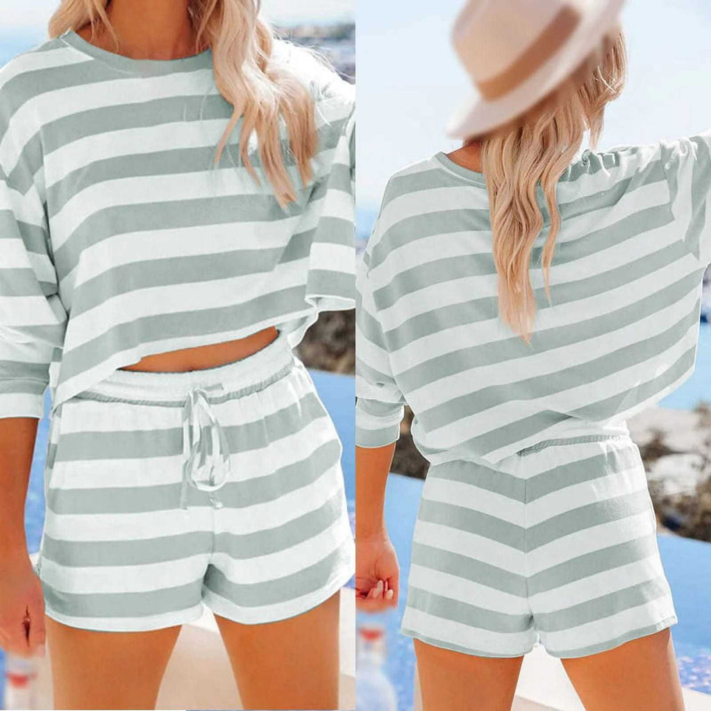 Women's Round Neck Striped Long-Sleeve Top & Casual Shorts 2-Piece Set