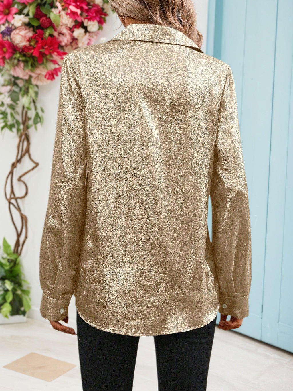 Women's Autumn Lapel Collar Solid Color Long Sleeve Single-Breasted Button Front Shirt Top