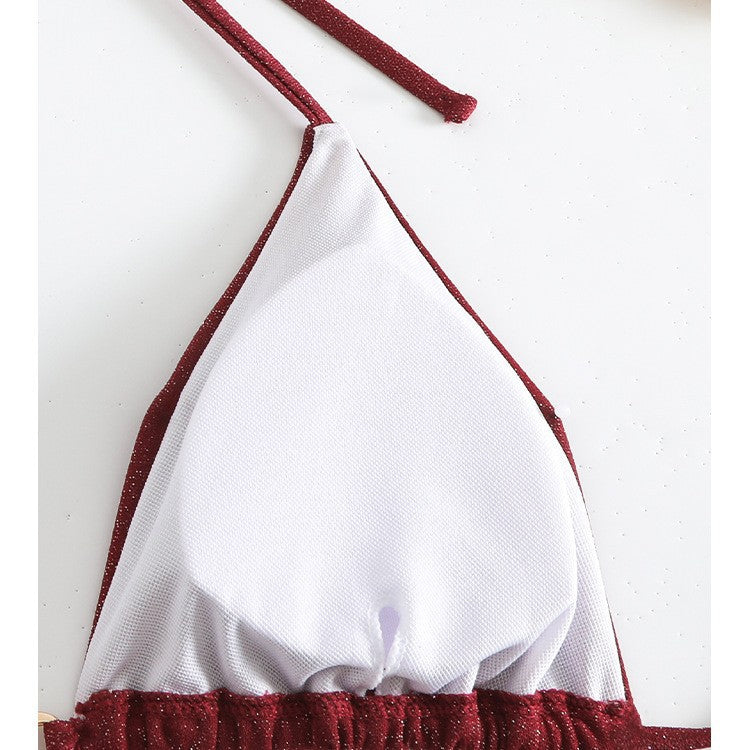 New Solid Color Drawstring Lace Neck Bikini Split Swimsuit