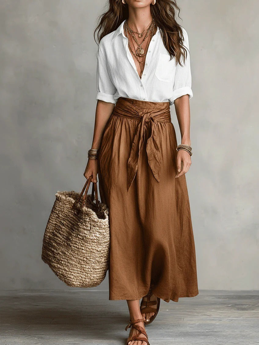 Long Sleeve Shirt & Color Block Tie-Waist Midi Skirt 2-Piece Set for Women
