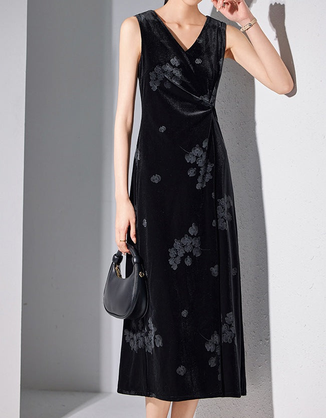 High-End Gold Velvet Black Suspender Slim Dress