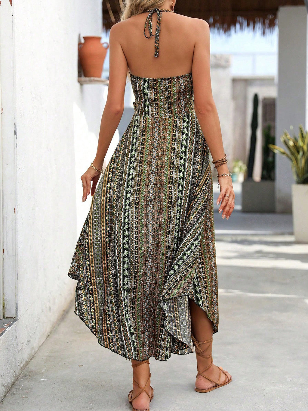 Women's Summer Printed Sling Dress with Lace Detail and Decorative Neck Casual Midi Dress